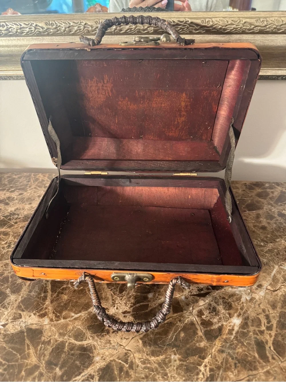 Vintage Woven Wood Storage Box / Trinket Case with Braided Handle